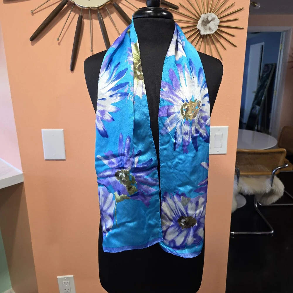 Vintage 90s Ellen Tracy Floral Silk Scarf  Blue and Purple Boho Chic Bohemian